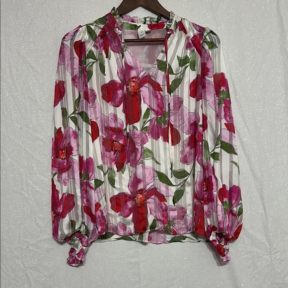 Joie Tops - Joie Pink and Red Pleated Long Sleeve Blouse